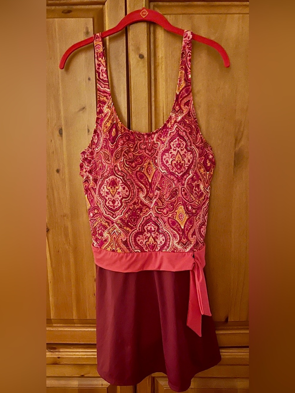 Paisley Fit-and-Flare Tank Swim Dress with Sash, Size 16